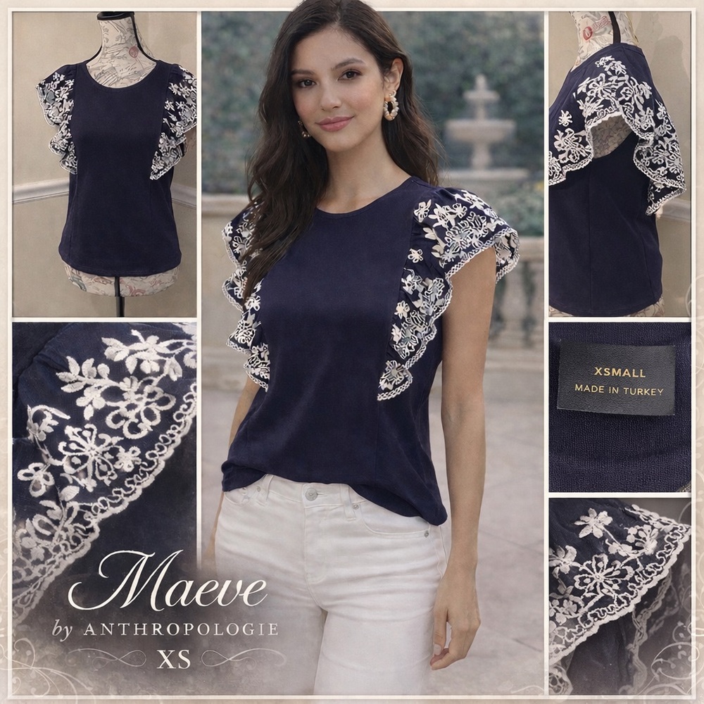 Maeve Anthropologie Navy Lace Flutter Sleeve Top XS